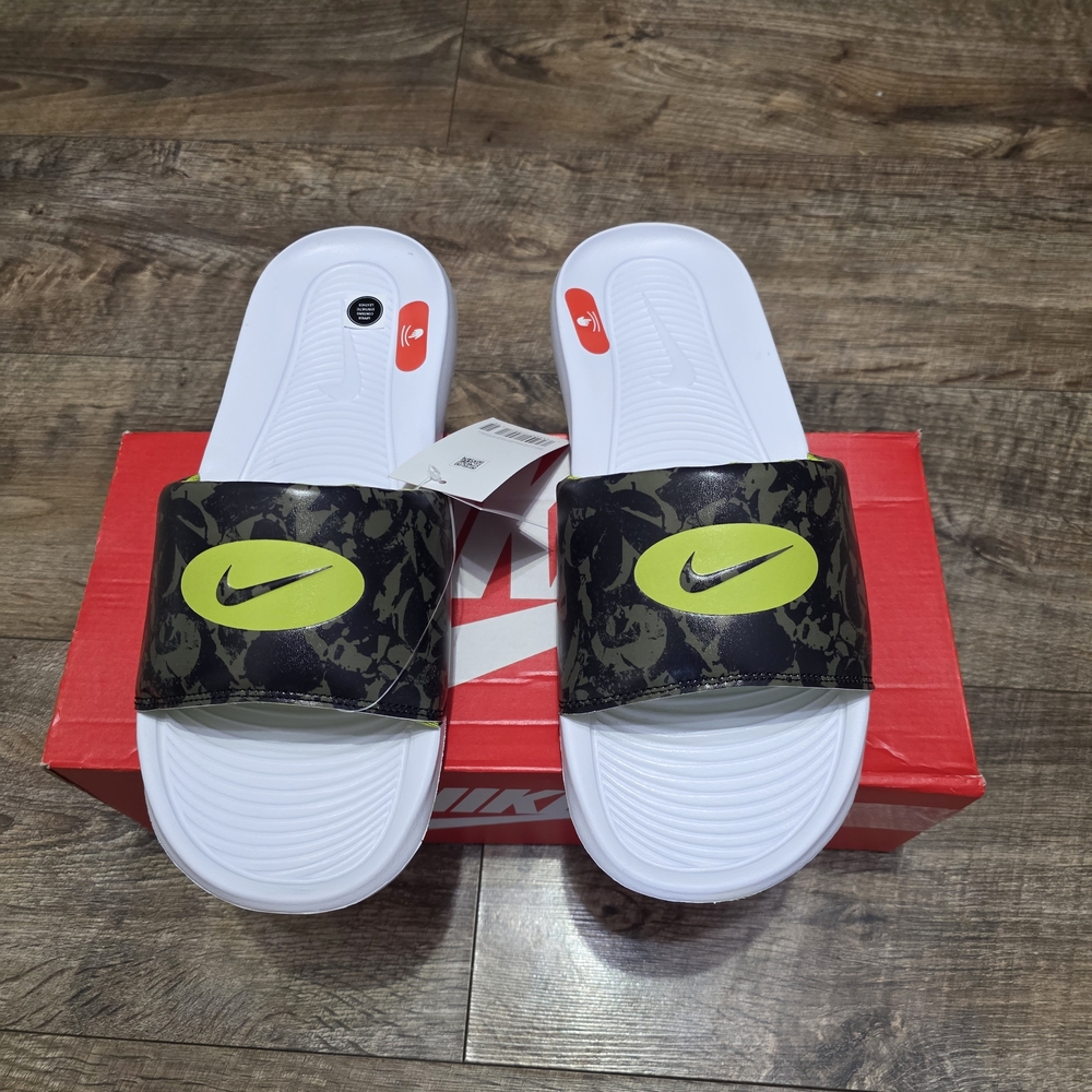 Nike Black and White Slides with Neon Green Slides Women 11